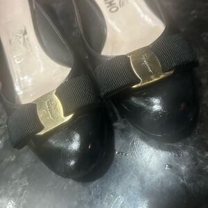 Salvatore Ferragamo Black Leather Flats with Gold Accent sz6